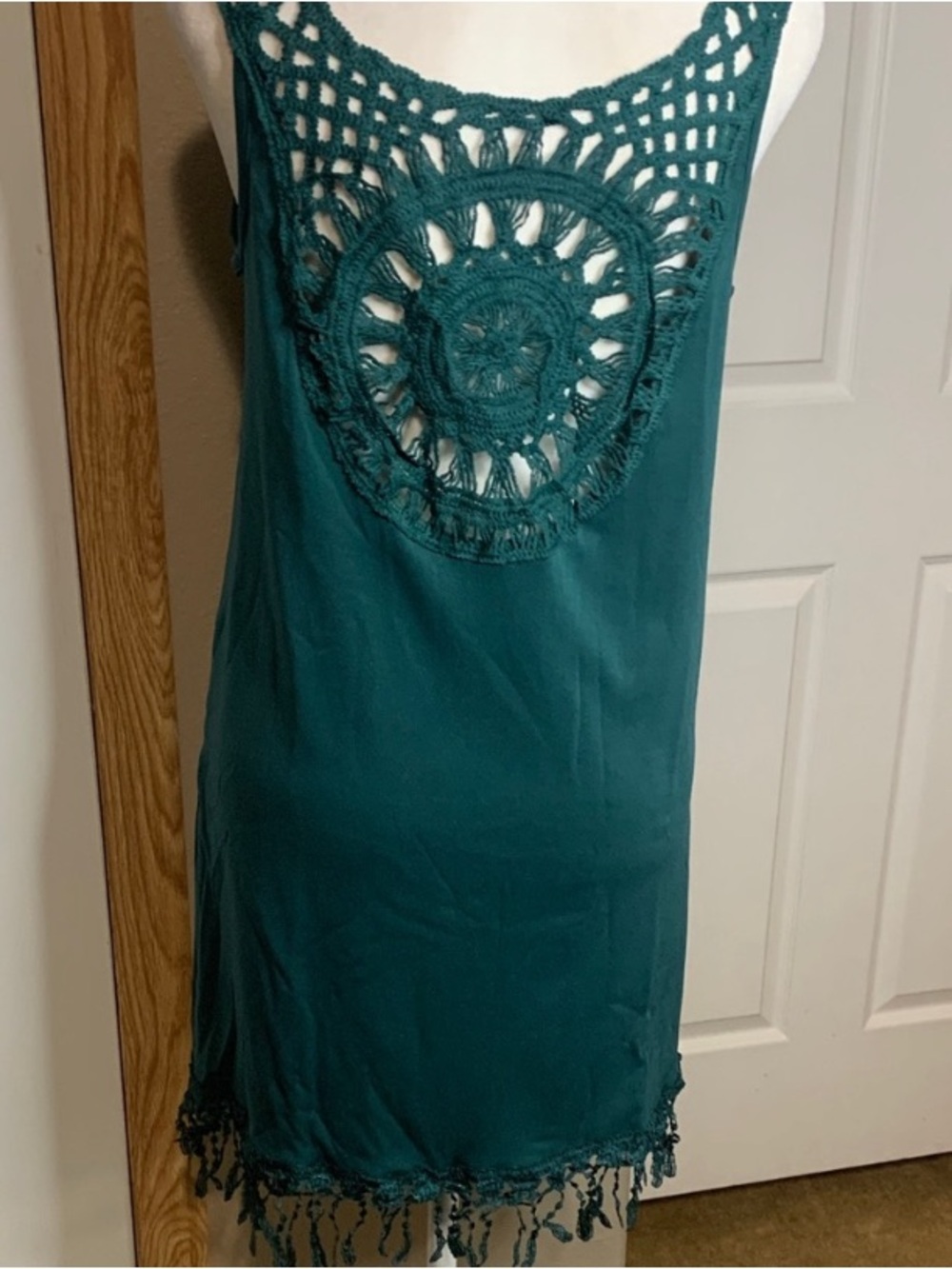 BOHO Crochet Hem Sleeveless Tank Dress Hunter Green - Picture 4 of 7